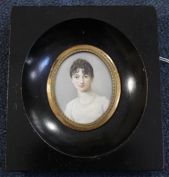 Attributed to Edward Villiers Rippingille (1798-1859) Miniature of a young lady wearing a white dress, 2 x 1.75in.